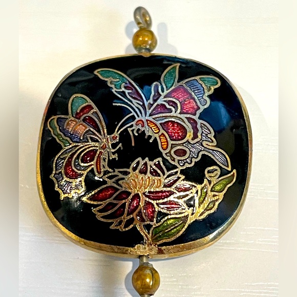 Vintage Cloisonne Butterfly Flower   Stick Pin enamel inlay Black gold tone